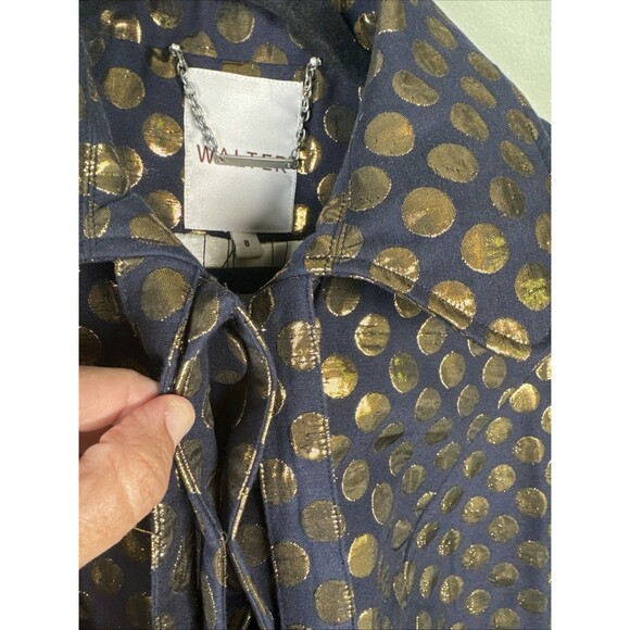 WALTER Cropped Button Tie Blazer Navy With Gold Metallic Polka Dots Women’s Sz 8 - Picture 8 of 11